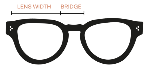 Front view of a frame, with the lens width and bridge measurements marked.